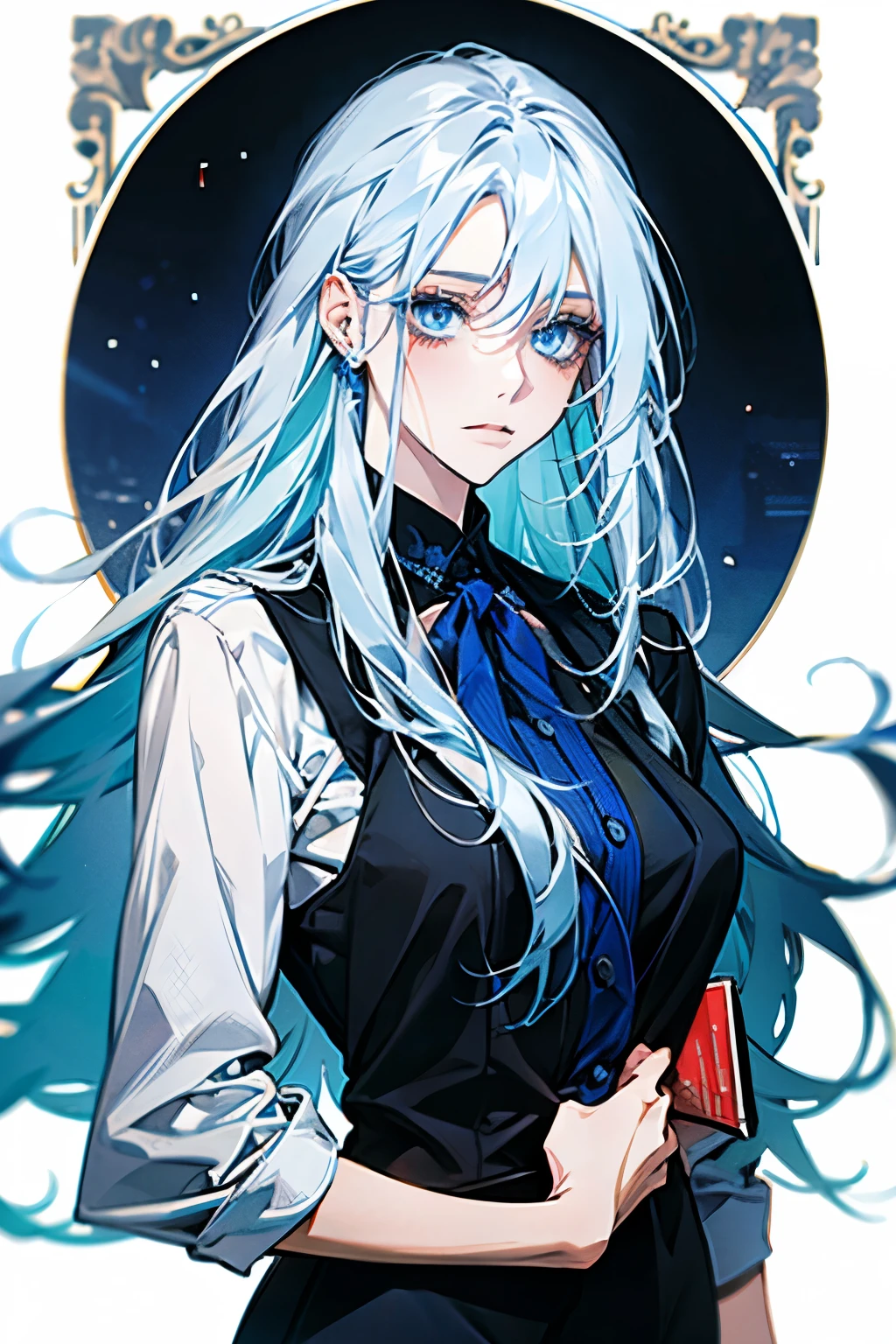 Woman, long hair, almost white blue hair, blue eyes, beautiful, elegant, work clothes.