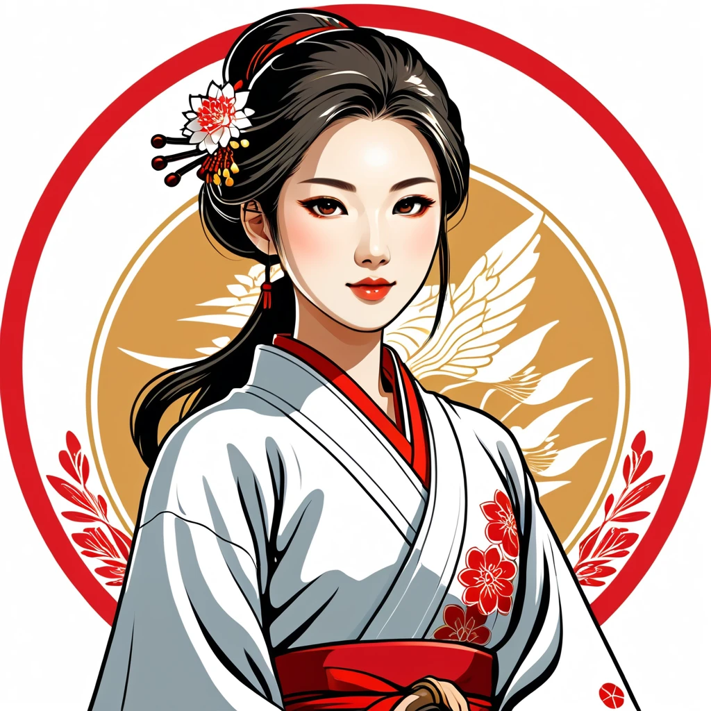female healer in japanese folk outfit ,vector graphics, strong contours, logo design