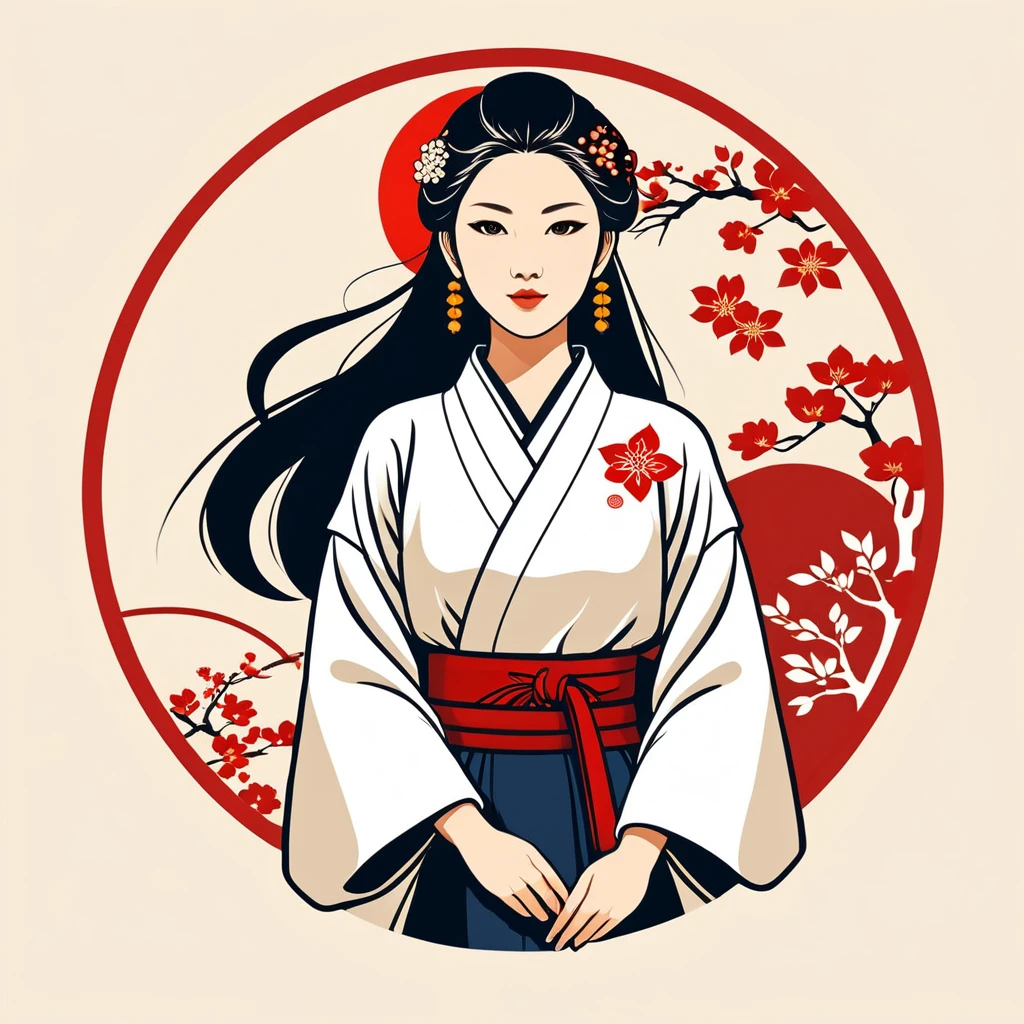 female healer in japanese folk outfit ,vector graphics, strong contours, logo design
