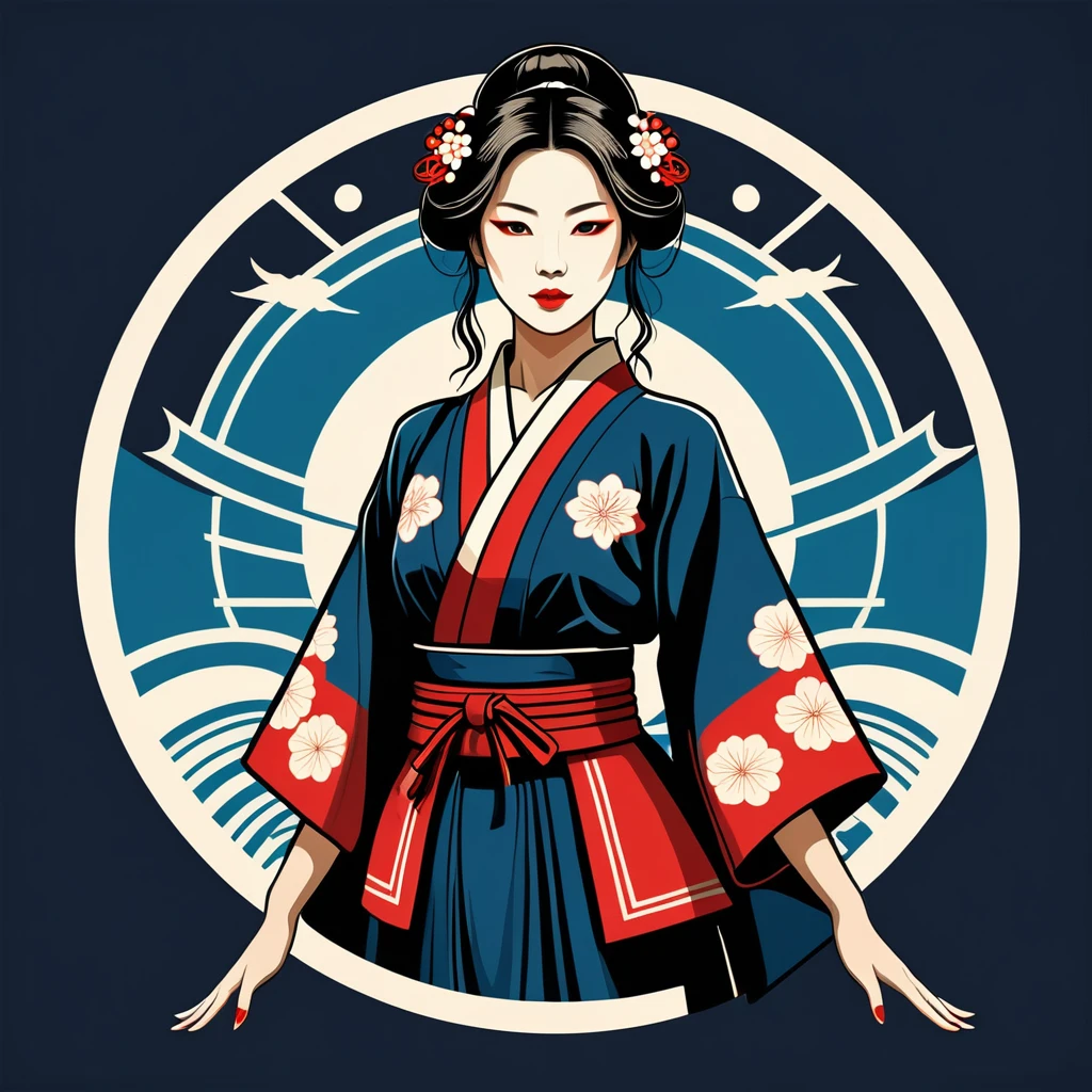female	illusionist	in japanese folk outfit	,vector graphics, strong contours, logo design																						