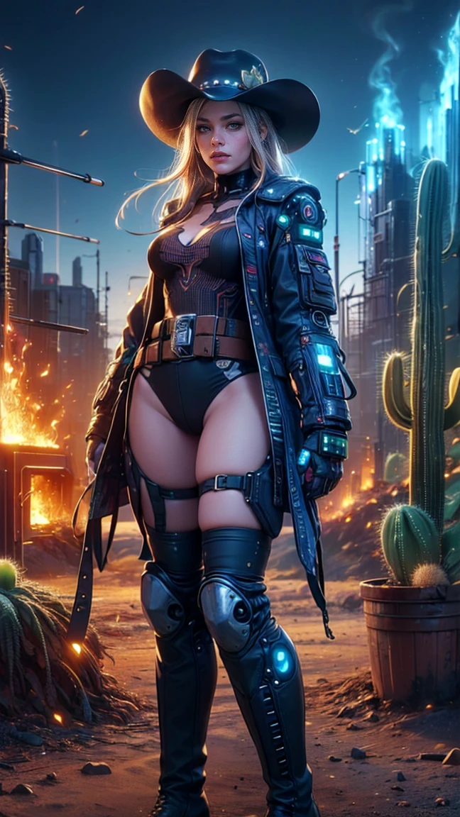 top quality, future world, State-of-the-art robot, Beautiful Woman, flying hair, Transformed into a cyborg except for the face, Transformed into a cyborg except for the shoulder, sexy images, whole body photo, (((cowboy, hat, jacket, belt, shot gun, fire to the aim, boots, cyber desert mountain, cactus)))