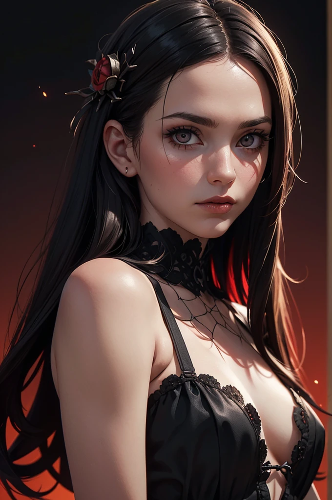(Realistic:1.5), (((editorial photography))), (((extremely detailed))), ((masterpiece)), (gorgeous gothic woman in black red spider's web), dramatic lighting, (cinematic light:1.1), full body, (cute sexy:0.8), (cute face:1.2), Pleasure, faded colours, depth of field, 35 mm, analog photo style, gothic background, red splash particles with small luminism, sunset, red dawn, dark atmosphere, medieval, intricate hair, inricate small details, (pale skin), hair ornament, long black hair, (fantasy world), (textured skin:1.4)