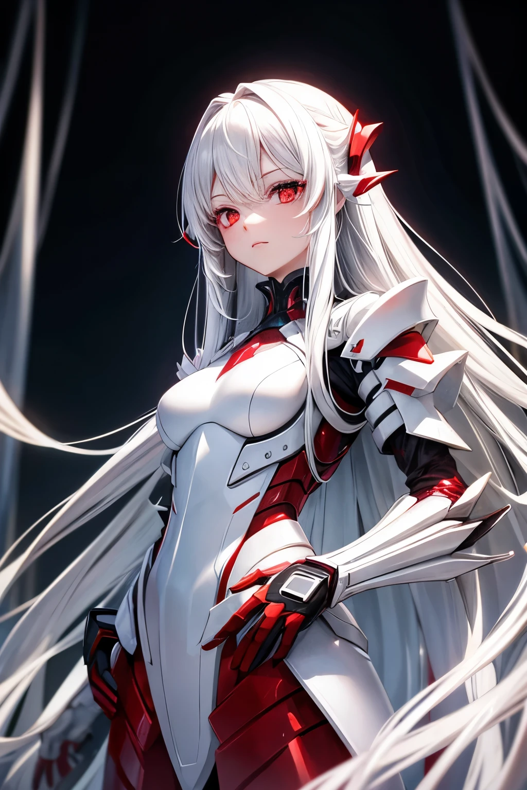 White long hair, red eyes, girl, exoskeleton armor