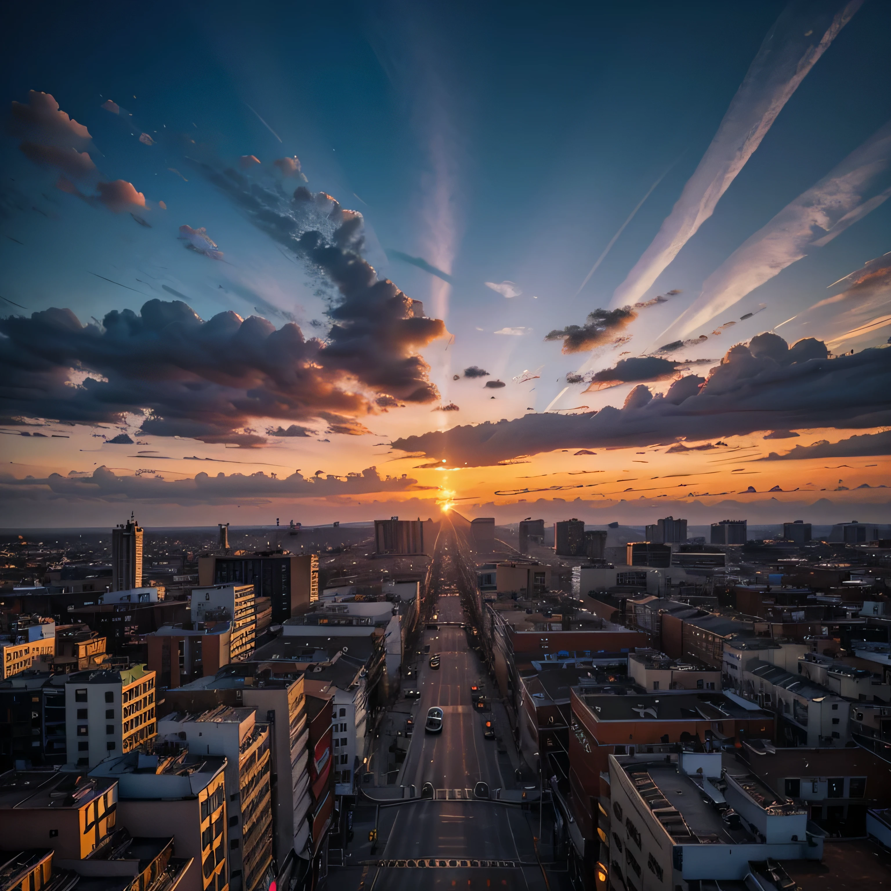 A psychedelic sunset over a city, no people just the scene