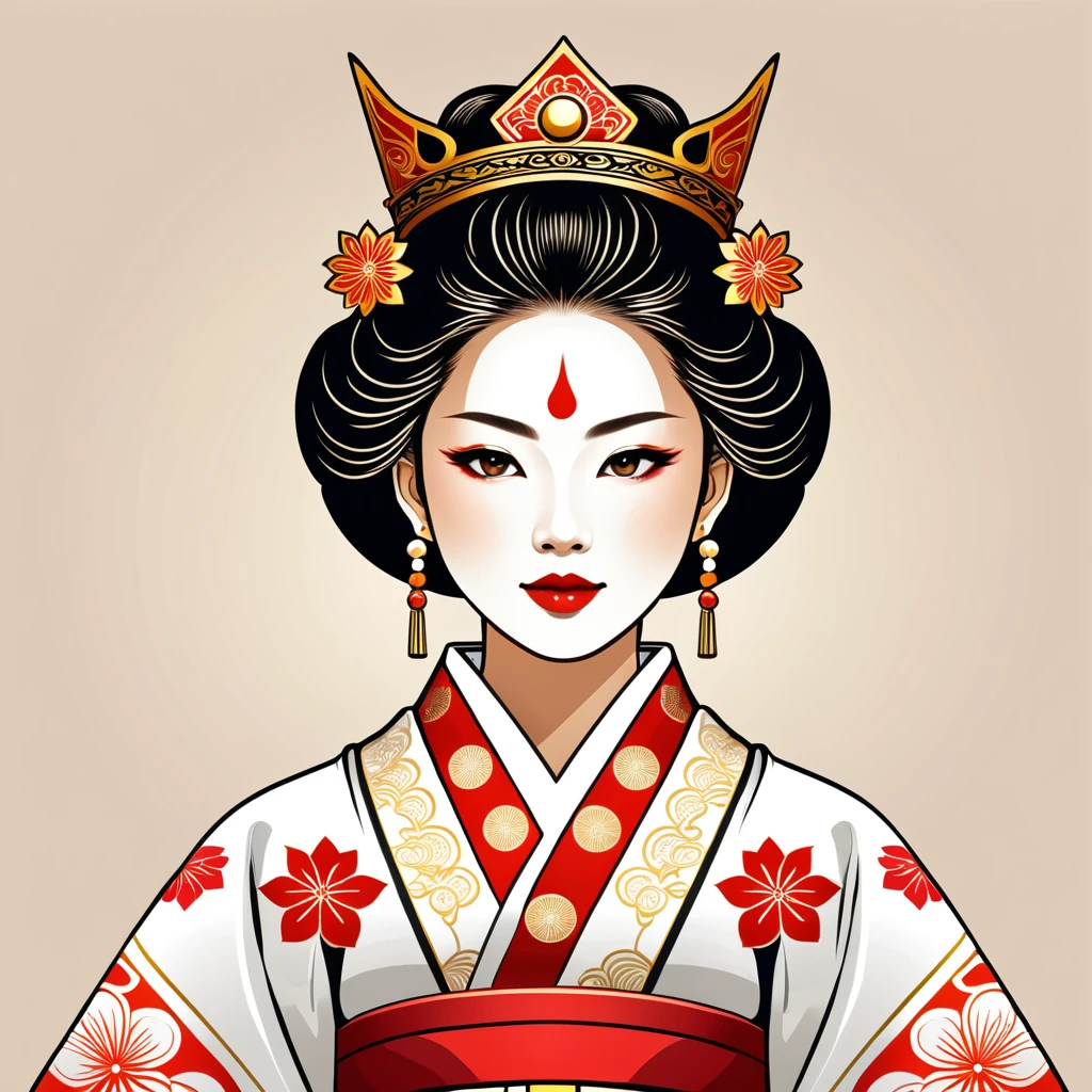 female king in japanese folk outfit ,vector graphics, strong contours, logo design