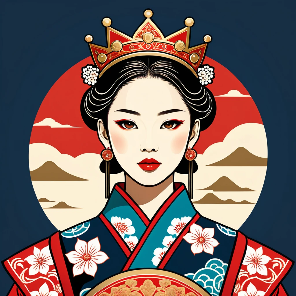 female king in japanese folk outfit ,vector graphics, strong contours, logo design