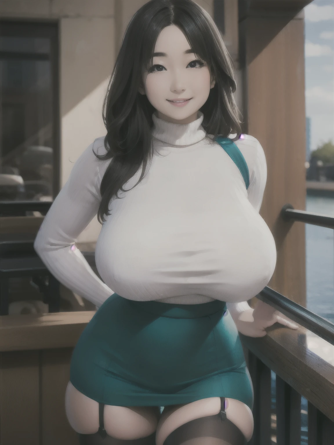 realistic, 1girl, wearing turtleneck sweater, (huge breasts:1.2), wearing garter belt, sexy pose, smiling face 