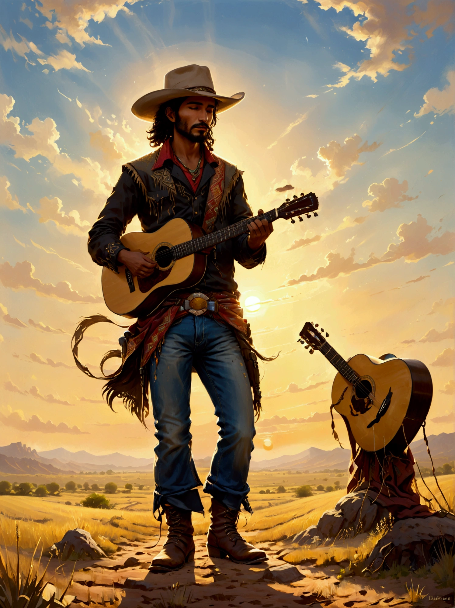 A Middle-Eastern cowboy, adorned in traditional cowboy attire with a wide-brimmed hat, weathered boots, and a rugged jeans standing on a vast field. His hands mastering the chords of an acoustic guitar as one would expect from a seasoned musician. He is facing the radiant hues of the setting sun, the golden light painting an ethereal glow on his face and casting long shadows behind him. There is an aura of tranquility, perhaps he's playing a soulful melody that resonates with the rhythm of nature. Endless horizons and dusking skies fill the backdrop, enhancing the picturesque scene.