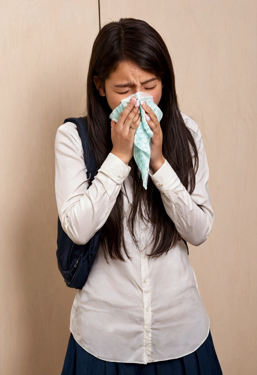 1. girl. a cold. sneeze. snot. handkerchief. blow your nose while standing. Full body.