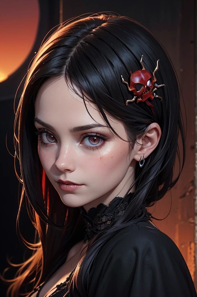 (Realistic:1.5), (((editorial photography))), (((extremely detailed))), ((masterpiece)), (gorgeous gothic woman in black red spider's web), dramatic lighting, (cinematic light:1.1), full body, (cute sexy:0.8), (cute face:1.2), Pleasure, faded colours, depth of field, 35 mm, analog photo style, gothic background, red splash particles with small luminism, sunset, red dawn, dark atmosphere, medieval, intricate hair, inricate small details, (pale skin), hair ornament, long black hair, (fantasy world), (textured skin:1.4)