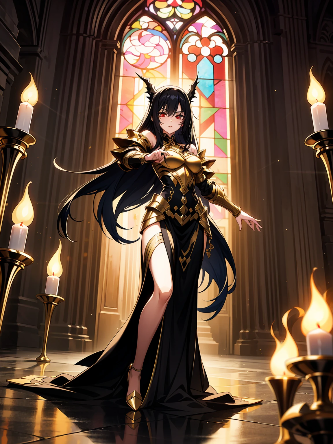 (((masterpiece, best quality, 16k)))A breathtaking artwork of a female character of unimaginable beauty, set in a dark and opulent environment. The full-body view reveals an impressive figure, exuding an aura of power and mystery. She wears black and gold unique armor, radiating a luxurious darkness. Her armor is detailed and characteristic, with intricate golden designs that shimmer in the dim light. Ornate shoulder pads protect her shoulders, and the armor perfectly molds to her body, accentuating her formidable presence. Her long black hair flows like a river of darkness, contrasting with her mesmerizing scarlet eyes. Her beauty is almost supernatural, a perfect blend of grace and menace. She wields a cursed blade that seems to pulse with malevolent energy, enhancing her aura of danger. The setting around her is a gothic and luxurious environment, with dark arches and stained glass windows that filter a supernatural light. In the background, candles flicker, casting dancing shadows on the intricately carved stone walls. It is a place that blends elegance and terror, perfectly reflecting the essence of the character.