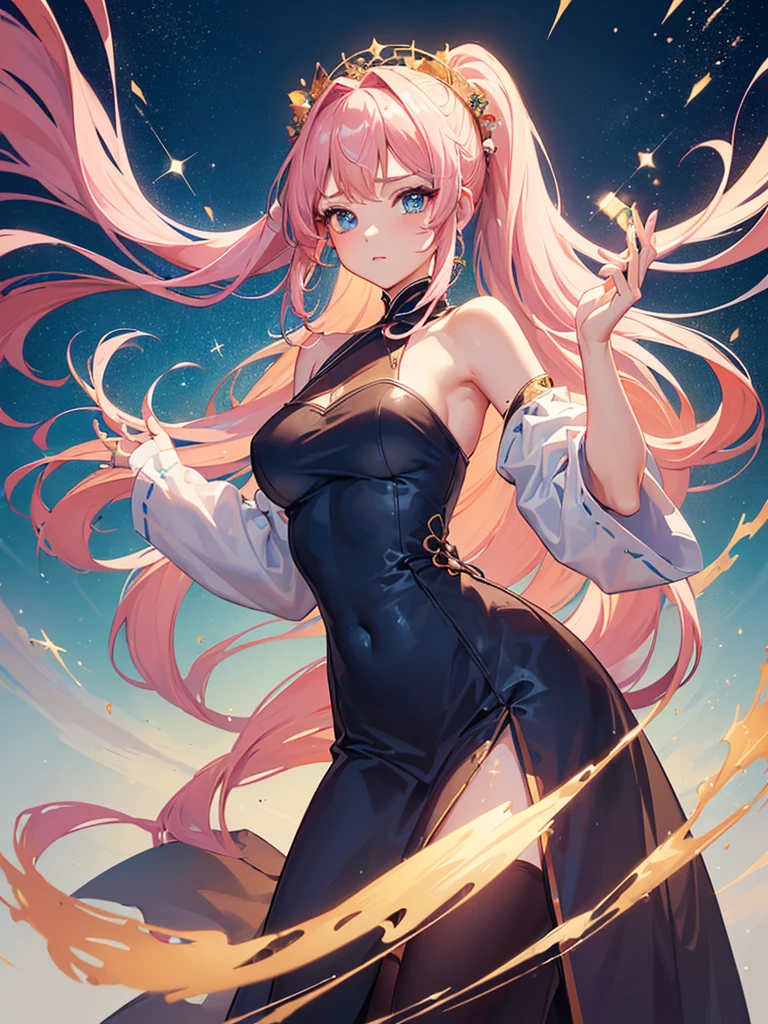 (masterpiece), (Highest quality), (Very detailed), (Dirty Hair), (figure), (1 girl) (Long Pink Hair 1.5) (blue eyes) (Double Ponytail 2.0), ((((No shoulders))),Hanfu, (Looking at the audience, (interview), (Simple Background), Beautiful and delicate eyes, Delicate and beautiful face, Soar (High saturation), (Colorful Glitter), Colorful bubbles, (Glitter), Facial accents, Perfect NwsjMajic, Conservative dress, No shoulders, Autumn Clothes, Facing the Public, Perfect figure,