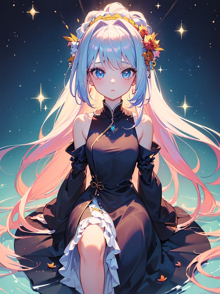(masterpiece), (Highest quality), (Very detailed), (Dirty Hair), (figure), (1 girl) (Long Pink Hair 1.5) (blue eyes) (Double Ponytail 2.0), ((((No shoulders))),Hanfu, (Looking at the audience, (interview), (Simple Background), Beautiful and delicate eyes, Delicate and beautiful face, Soar (High saturation), (Colorful Glitter), Colorful bubbles, (Glitter), Facial accents, Perfect NwsjMajic, Conservative dress, No shoulders, Autumn Clothes, Facing the Public, Perfect figure,