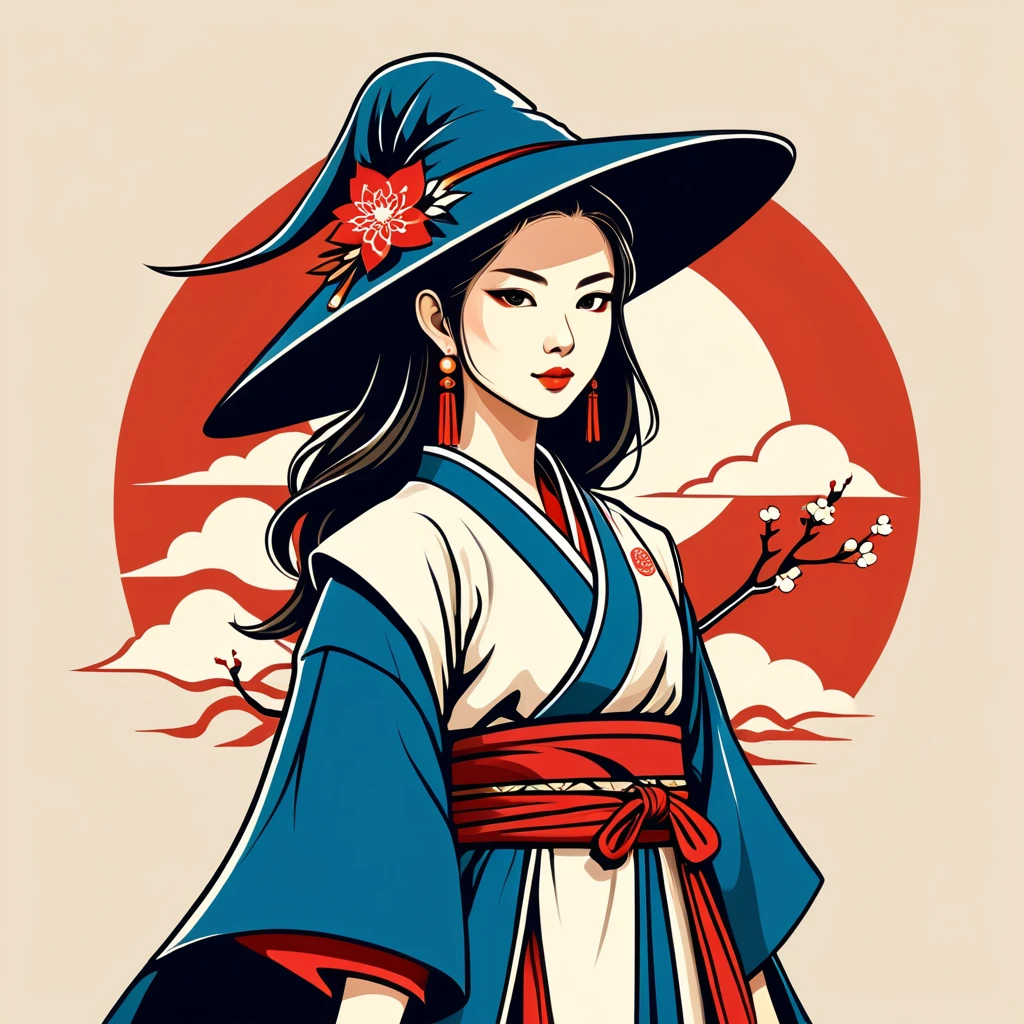 female mage in japanese folk outfit ,vector graphics, strong contours, logo design