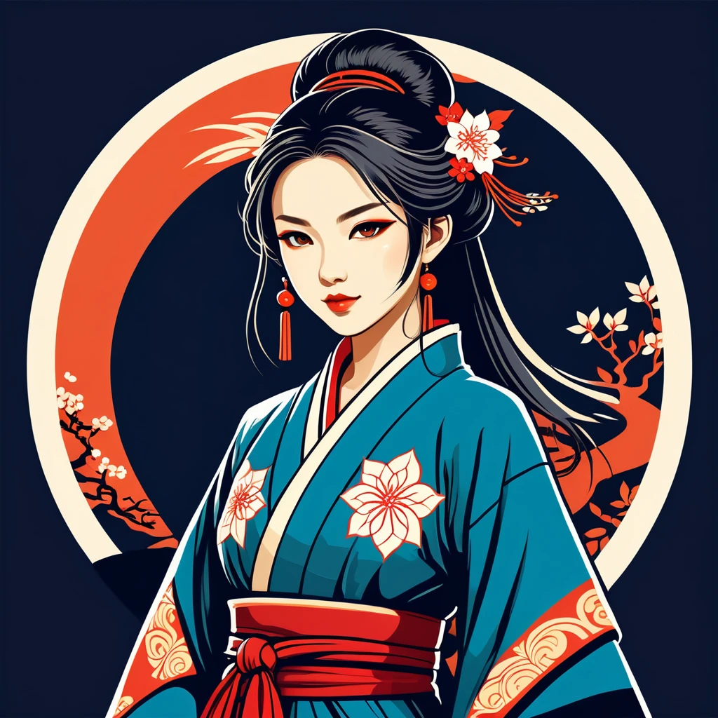 female mage in japanese folk outfit ,vector graphics, strong contours, logo design