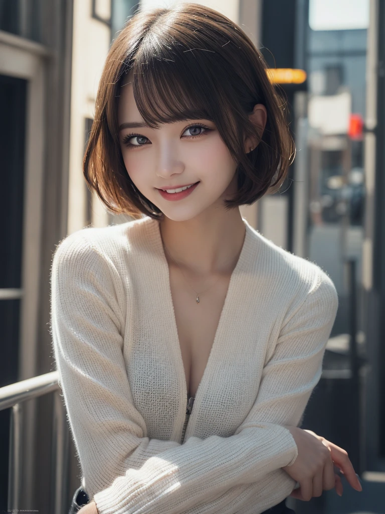 masterpiece, best quality, illustration, ultra-detailed, finely detailed, high resolution, 8K wallpaper, perfect dynamic composition, beautiful detailed eyes, Shibuya, edgy fashion, short hair, fierce expression, cute, smile, looking at camera