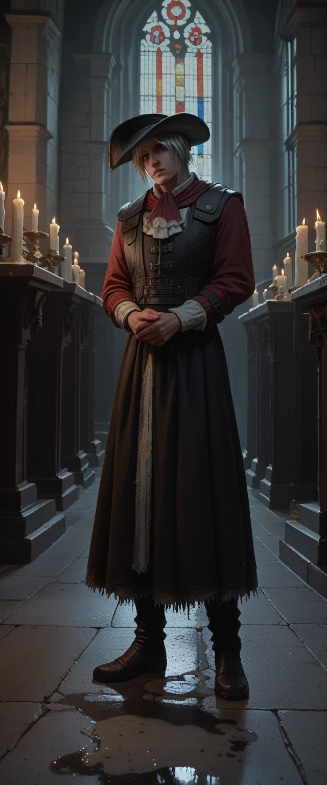 Fisheye lens, Portrait photograph of a medieval knight standing inside a Gothic church, Wet stone, Puddle, Unlimited vault, Bloodborne, Dramatic lighting, Low profile, Candlelight