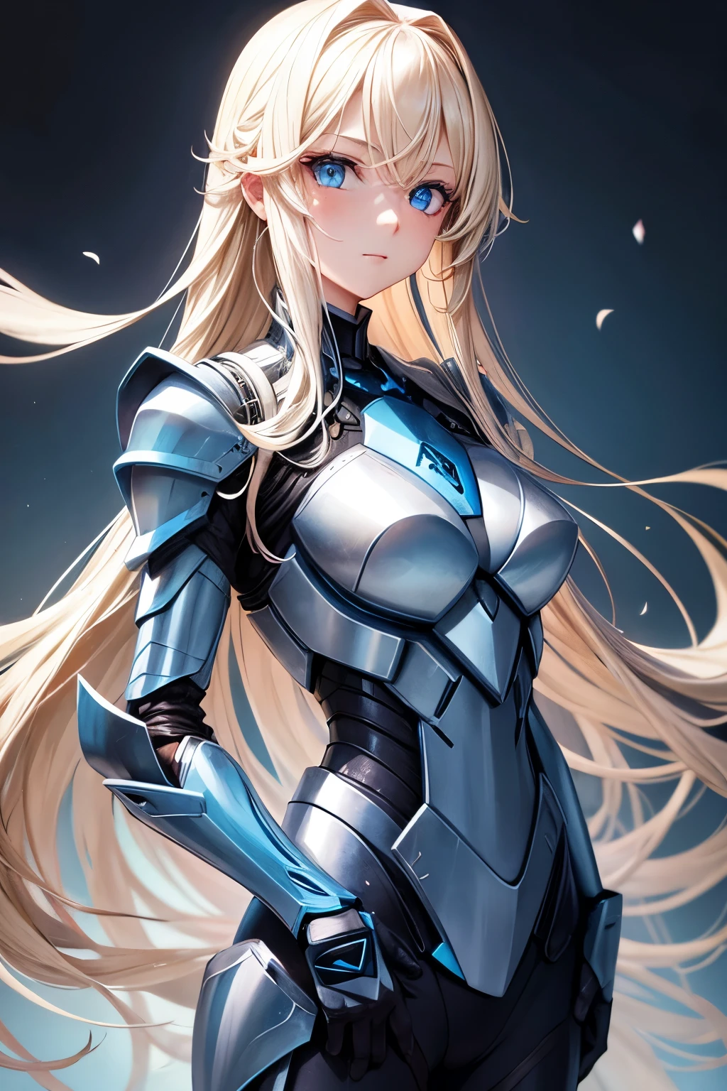 Long blond hair, blue eyes, girl, exoskeleton armor