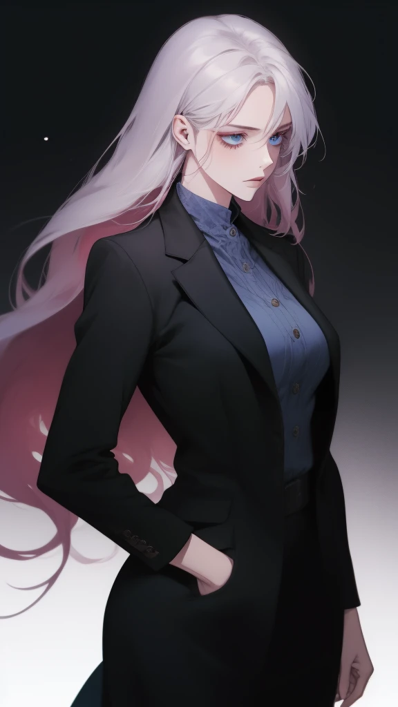 A woman with long, almost white, blue hair, blue eyes, beautiful, fierce, wearing a neat black suit.