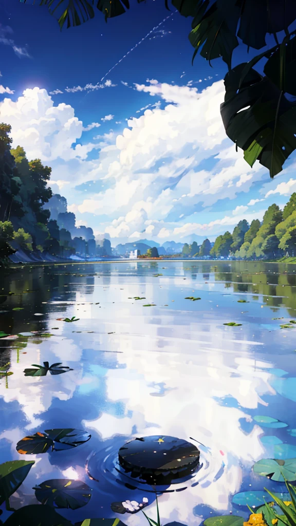 Summer, White Clouds, Runway: 1.2, Tree, Shooting Star, Small Waterhole, Reflection, Shady, Sunlight, Wide Angle, Best Quality, 8K, Perspective, Depth of Field, High Resolution, Fine Detail, Ultra Detail, Sharp Focus
