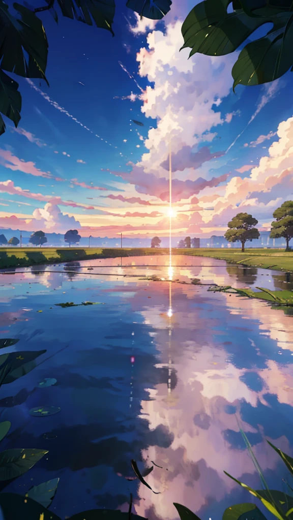 Summer, White Clouds, Runway: 1.2, Tree, Shooting Star, Small Waterhole, Reflection, Shady, Sunlight, Wide Angle, Best Quality, 8K, Perspective, Depth of Field, High Resolution, Fine Detail, Ultra Detail, Sharp Focus