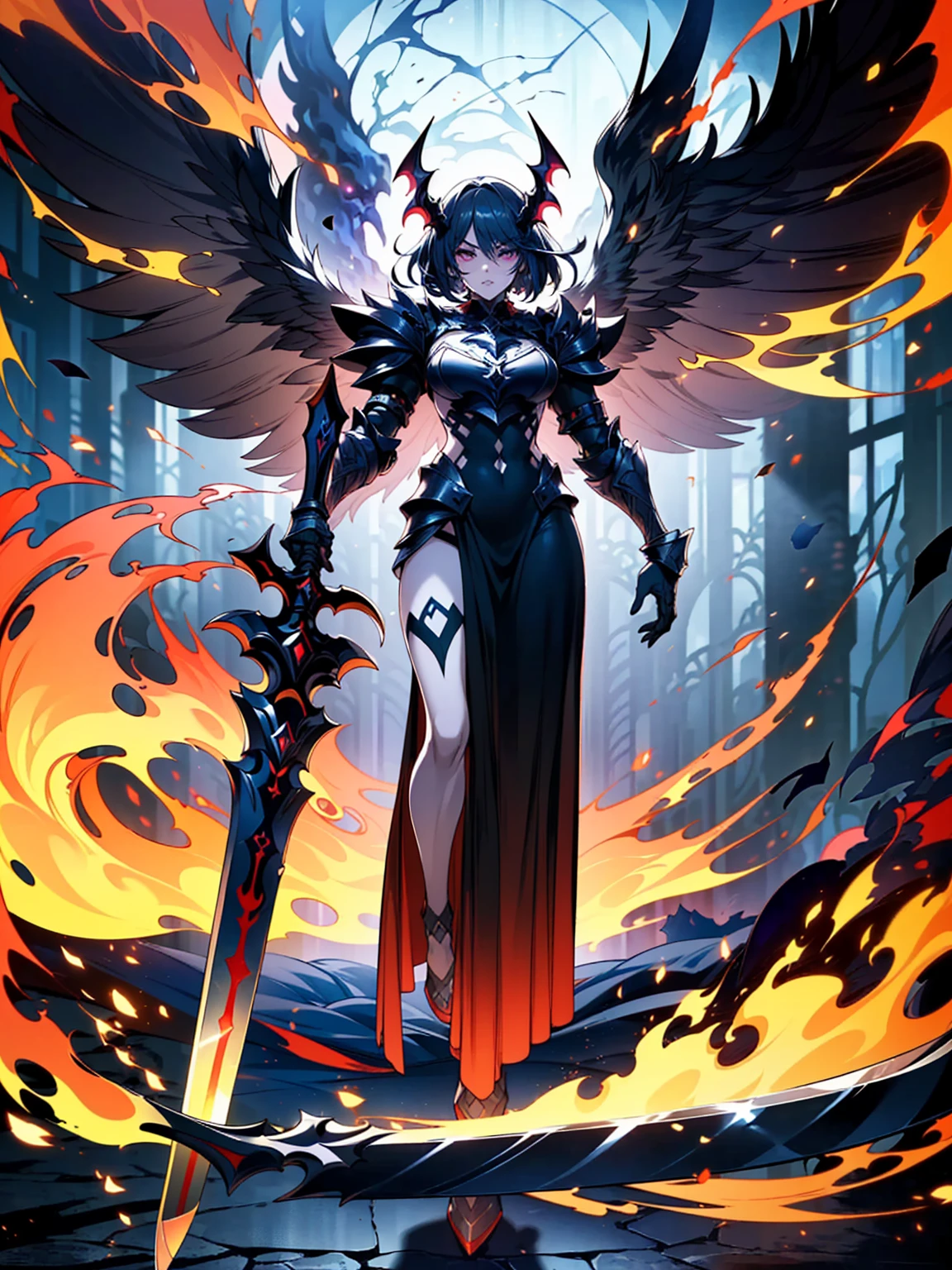 (((masterpiece, best quality, high detailed, 8k))) Design a layout showcase Gaming character, (1girl). Black+Crimson dark armor, stylish and unique. ((weapon:1.4)), cursed sword. (masterpiece:1.2), (best quality), 4k, ultra-detailed. (luminous lighting, atmospheric lighting). dark warrior, ((six wings of shadow and fire)), ((glove full hands)), (((revealing clothes:1.3))), vambraces, armored legwear, (((full_body_shot:1.4))). {In an infernal realm}. (((extremely imposing presence, black flames, super strong, incredibly beautiful with dark armor))).