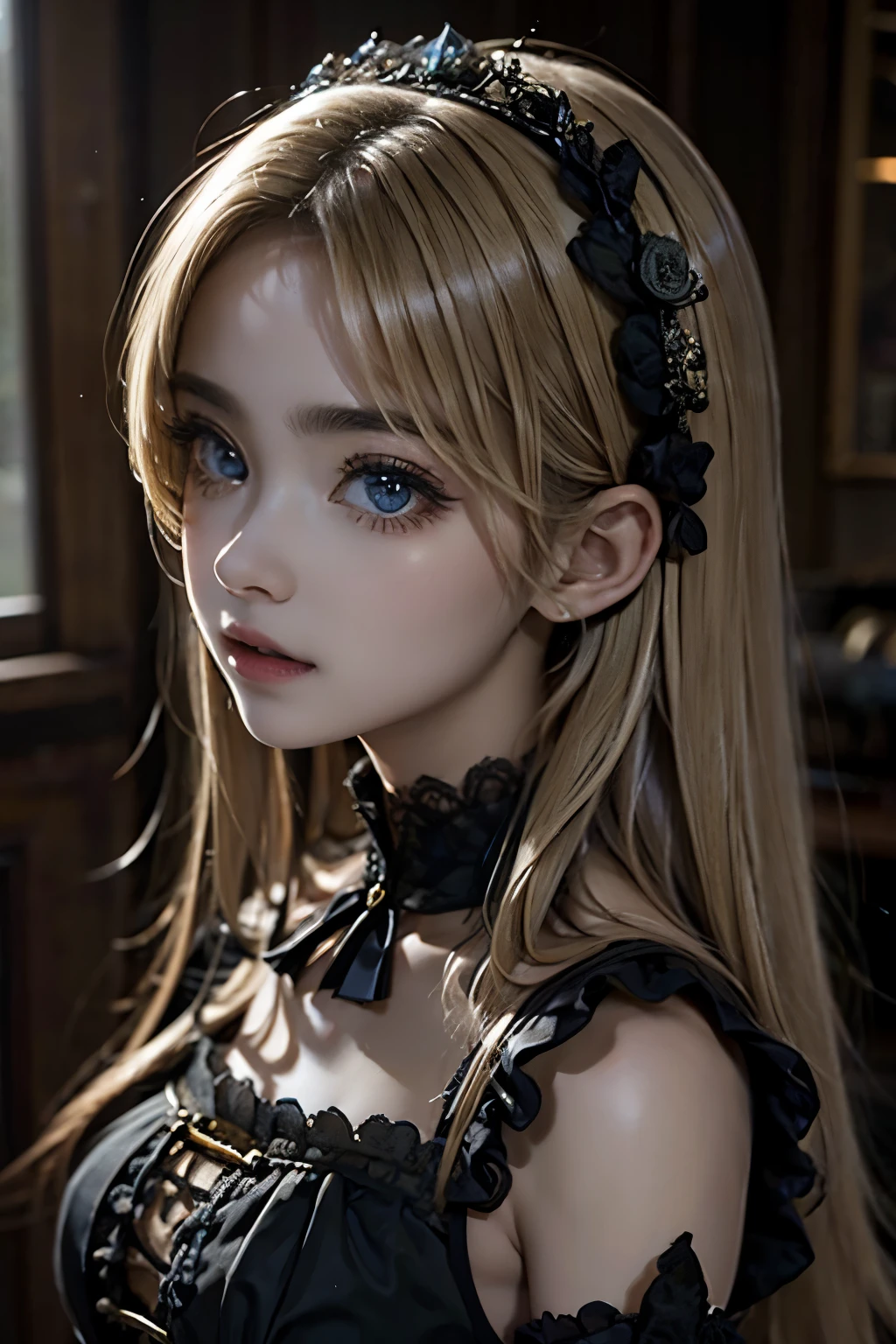 masterpiece,Highest quality,Very detailed,beautiful girl,Detailed Gothic Dress, teenagl body),Blonde,Perfect Face,Beautiful and detailed eyes,Beautiful Skin,skinny,Dynamic