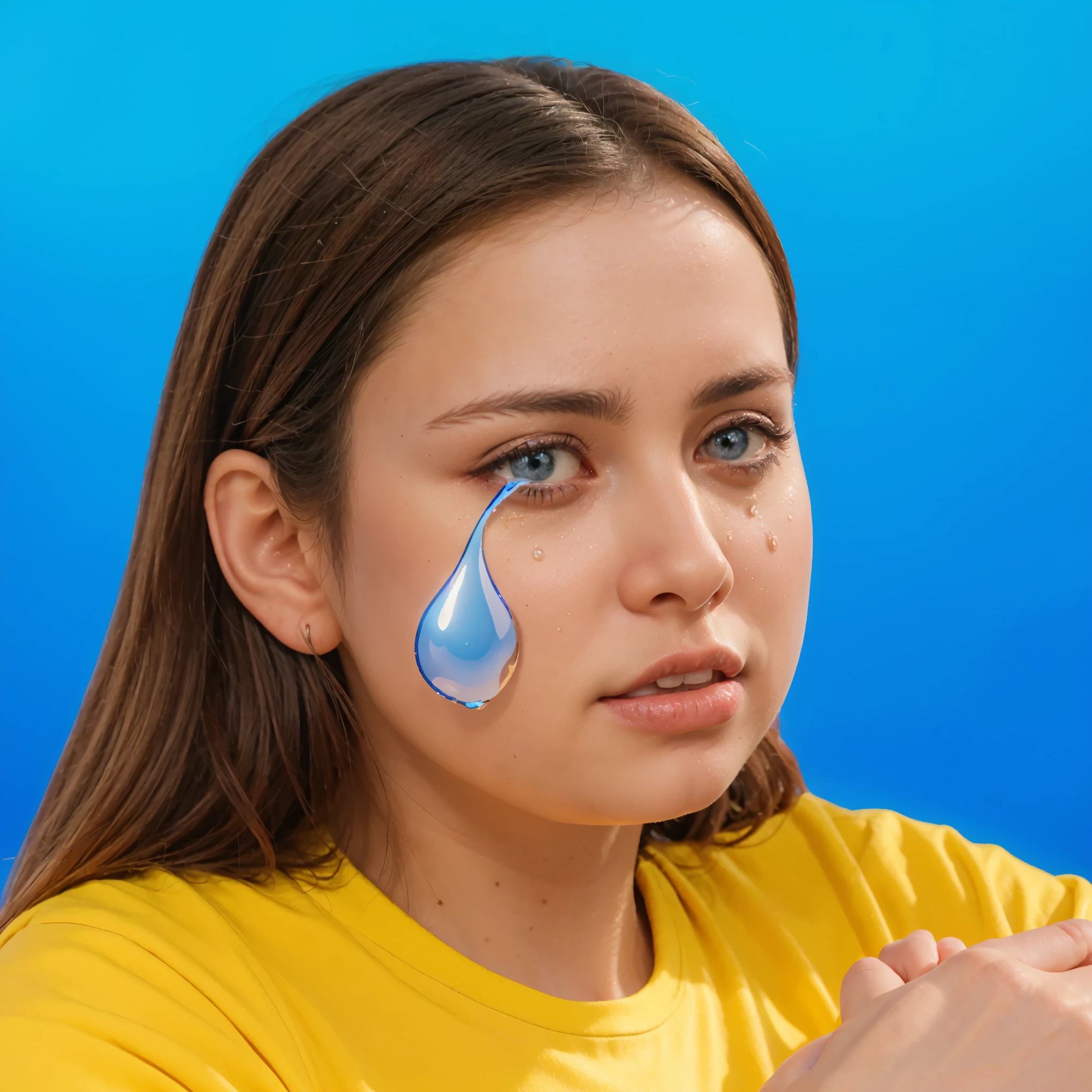blue tear blue tear blue tear blue tear blue tear blue tear blue tear The woman in this image is seated on a gray surface against a solid blue backdrop. She is wearing a bright yellow t-shirt and light blue denim jeans. Her outfit is complemented by black slip-on shoes. The woman's pose is one of distress; she is clutching her legs close to her chest with one hand while raising her other hand in a stop gesture. Her facial expression is tearful and pleading, which suggests a moment of emotional vulnerability or fear. This strong emotional display, set against the contrast of her vibrant attire and the plain background, creates a compelling visual narrative. vibrant contrast to his attire and accessories.аffects render, (glossy plastic texture with multiple big light probe refractions), perfect cgi, smooth silhouette, high intensity refraction, (super glossy plastic material), most beautiful vfx, , realistic, 4k, high resolution, rim light, smooth 3d model, multiple light sources, rim light, sharp post effects render,, realistic, 4k, high resolution, rim light detailed digital art, reflective, best quality, 4k, masterpiece:1.2, ultra-detailed, realistic, vivid colors, The image of the highest quality, ensuring every detail showcased perfectly. It in 4k resolution, allowing viewers to immerse themselves in the richness of the colors and intricate details. The realistic rendering. under the spotlight, reflecting, high-resolution image, realistic rendering
