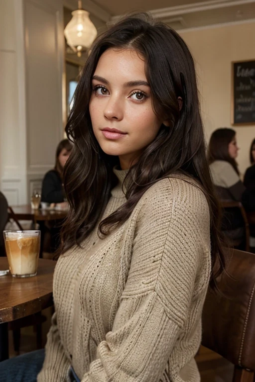 Beautiful brunette with dark black hair and a slightly rebeu skin tone wearing a beige sweater (in a cafe drinking detailed sodery, 22 ans, visage innocent, natural wavy hair, blue eye, high resolution, head of'artwork, best quality, intricate details, very detailed, mise au point nette, detailed skin, texture de peau réaliste, texture, detailed eyes, professionnel, 4K, charming smile, filmed on Canon, 85 millimeters, shallow depth of field, Kodak Vision Color, corps parfaitement ajusté, extremely detailed, Photograph_\(ultra\), Photorealistic, realistic, Post-traitement, maximum details, roughness, real life, ultra realistic, photorealism, photographie, 8k uh, photographie