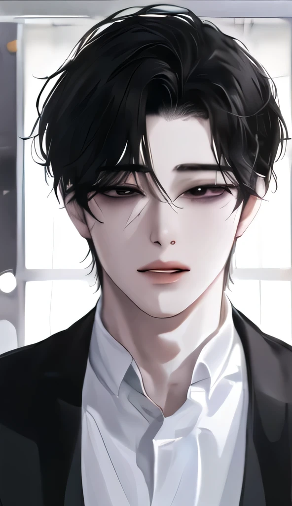 1boy, portrait, solo,lips, male focus, black eyes, looking at viewer, black hair, short hair, closed mouth‚ Cha Eun woo‚ 