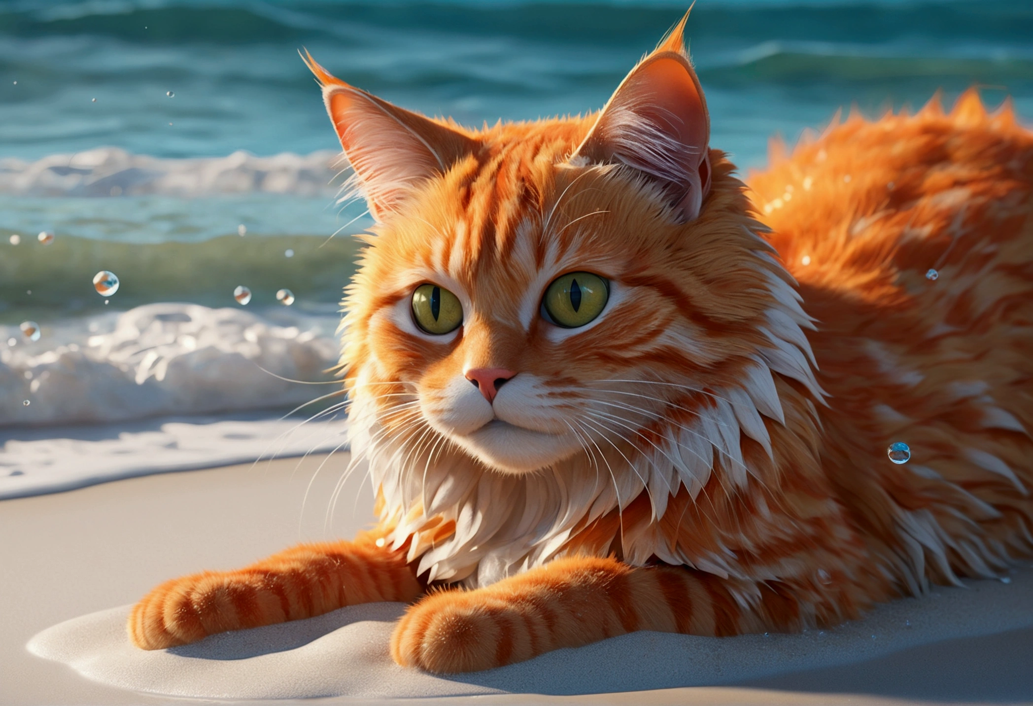 a highly detailed, vibrant 3D render of a charismatic orange cat, its fur realistically textured and glistening with water droplets, swimming energetically on a sunny beach with turquoise waves and powdery white sand, illuminated by a warm ring light that accentuates its playful expression, featuring exaggerated, stylized features reminiscent of Pixar animation, created using advanced rendering engines such as Unreal Engine, Octane Engine, or Vray, with a color palette that pops with saturated hues of orange, yellow, blue, and green, and a dynamic composition that conveys the cat's joyful energy and movement.