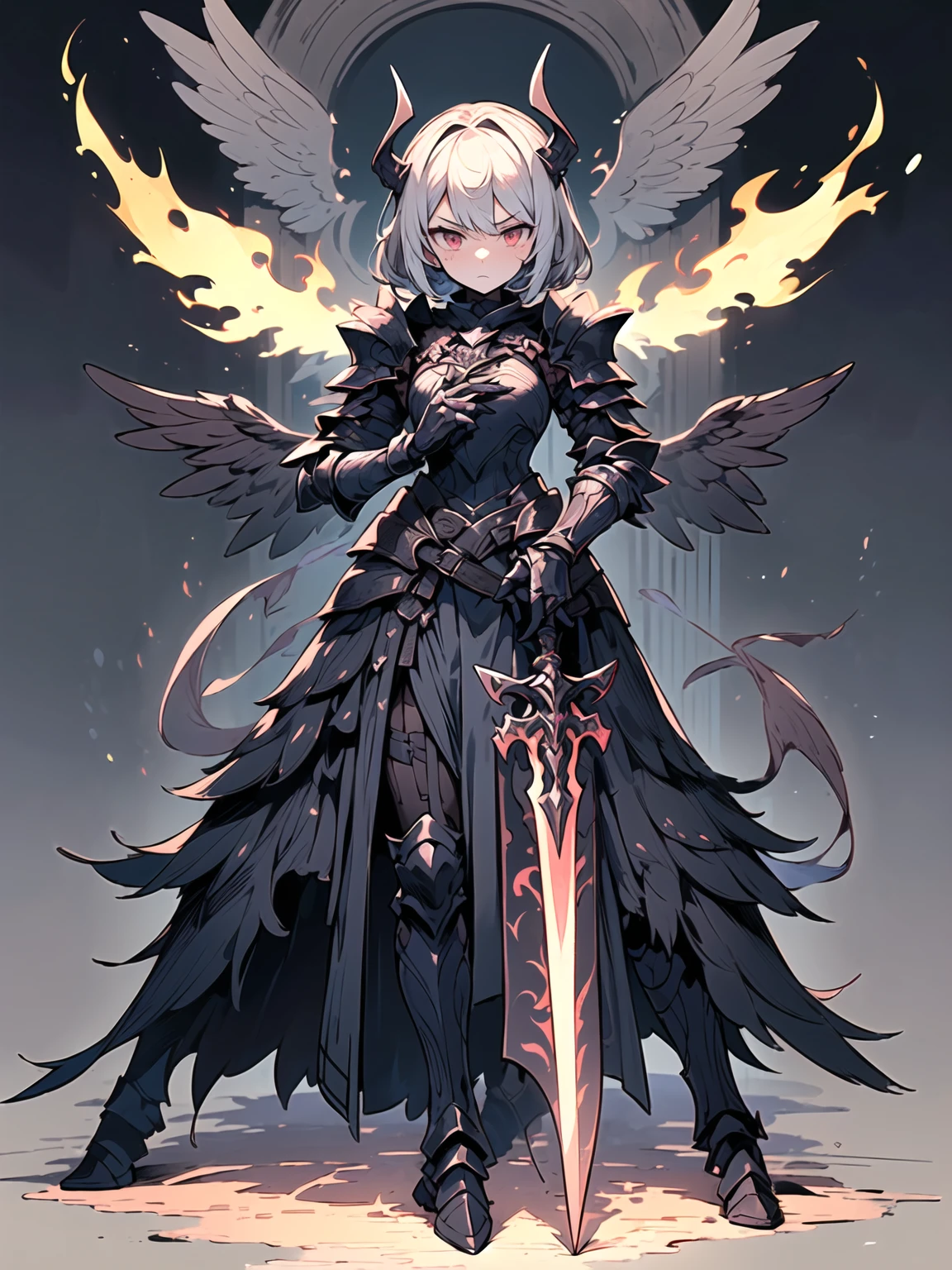 (((masterpiece, best quality, high detailed, 8k))) Design a layout showcase Gaming character, (1girl). Black+Crimson dark armor, stylish and unique. ((weapon:1.4)), cursed sword. (masterpiece:1.2), (best quality), 4k, ultra-detailed. (luminous lighting, atmospheric lighting). dark warrior, ((six wings of shadow and fire)), ((glove full hands)), (((revealing clothes:1.3))), vambraces, armored legwear, (((full_body_shot:1.4))). {In an infernal realm}. (((extremely imposing presence, black flames, super strong, incredibly beautiful with dark armor))).