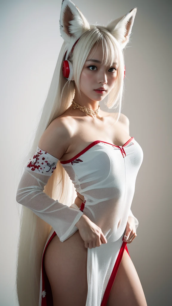 masterpiece, highest quality ,Full body photo、 Awareness-raising,1 perfect portrait of a girl, A fascinating eye for perfect detail, Colorful Hair, (red+White and soft hair:1.6), (White Fox Ears:1.3), Fantasy red background, {Sexy exposed bare shoulders} ,{Long-term alienation_sleeve}, {Lean forward slightly}, If you look up, hair ornaments, {shy },Please keep your mouth shut, Tilt your head, Cinema Lighting, Larger clothes, ((Seductive pose)),