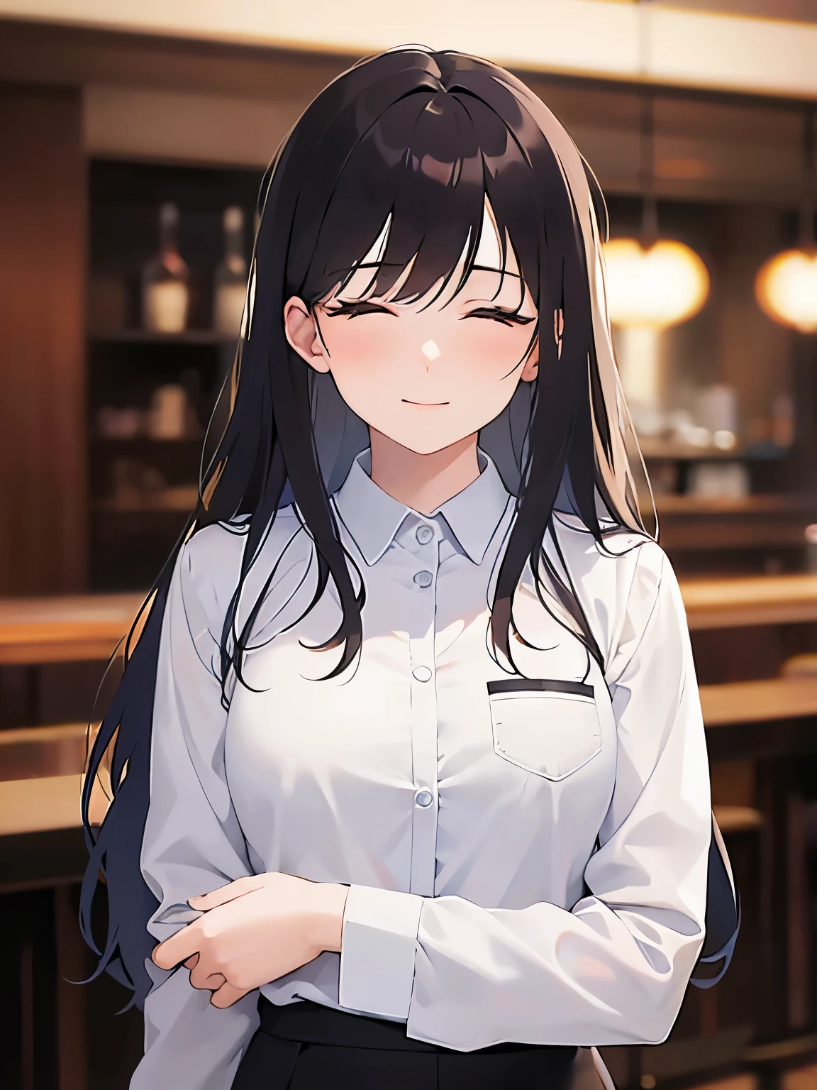 Upper Body, Realistic, real person, (pale skin: 1.2), RAW photo, photorealistic, shiny skin, shiny hair、(A 25-year-old woman with medium-length hair and bangs) and (wavy hair) and (brown hair) and (closed eyes:1.5) , white collared shirt 、smile, The background is the interior of a restaurant at night.、Alone、Are standing