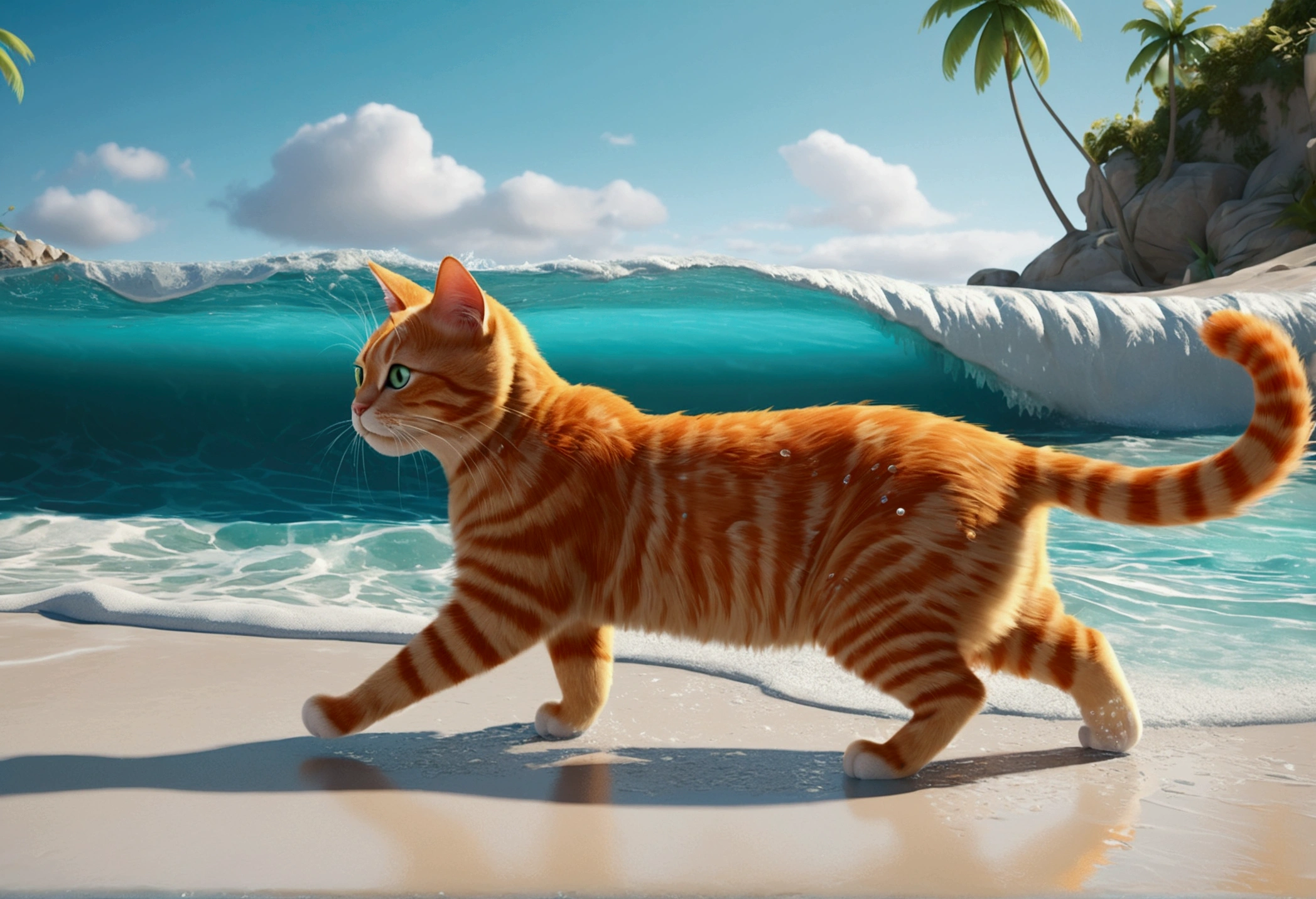 a highly detailed, vibrant 3D render of a charismatic orange cat, its fur realistically textured and glistening with water droplets, swimming energetically on a sunny beach with turquoise waves and powdery white sand, illuminated by a warm ring light that accentuates its playful expression, featuring exaggerated, stylized features reminiscent of Pixar animation, created using advanced rendering engines such as Unreal Engine, Octane Engine, or Vray, with a color palette that pops with saturated hues of orange, yellow, blue, and green, and a dynamic composition that conveys the cat's joyful energy and movement.