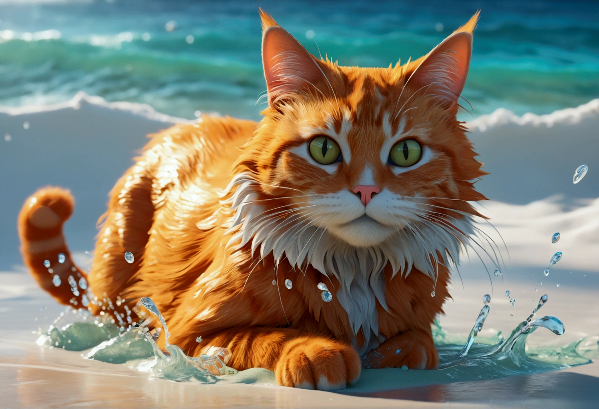 a highly detailed, vibrant 3D render of a charismatic orange cat, its fur realistically textured and glistening with water droplets, swimming energetically on a sunny beach with turquoise waves and powdery white sand, illuminated by a warm ring light that accentuates its playful expression, featuring exaggerated, stylized features reminiscent of Pixar animation, created using advanced rendering engines such as Unreal Engine, Octane Engine, or Vray, with a color palette that pops with saturated hues of orange, yellow, blue, and green, and a dynamic composition that conveys the cat's joyful energy and movement.