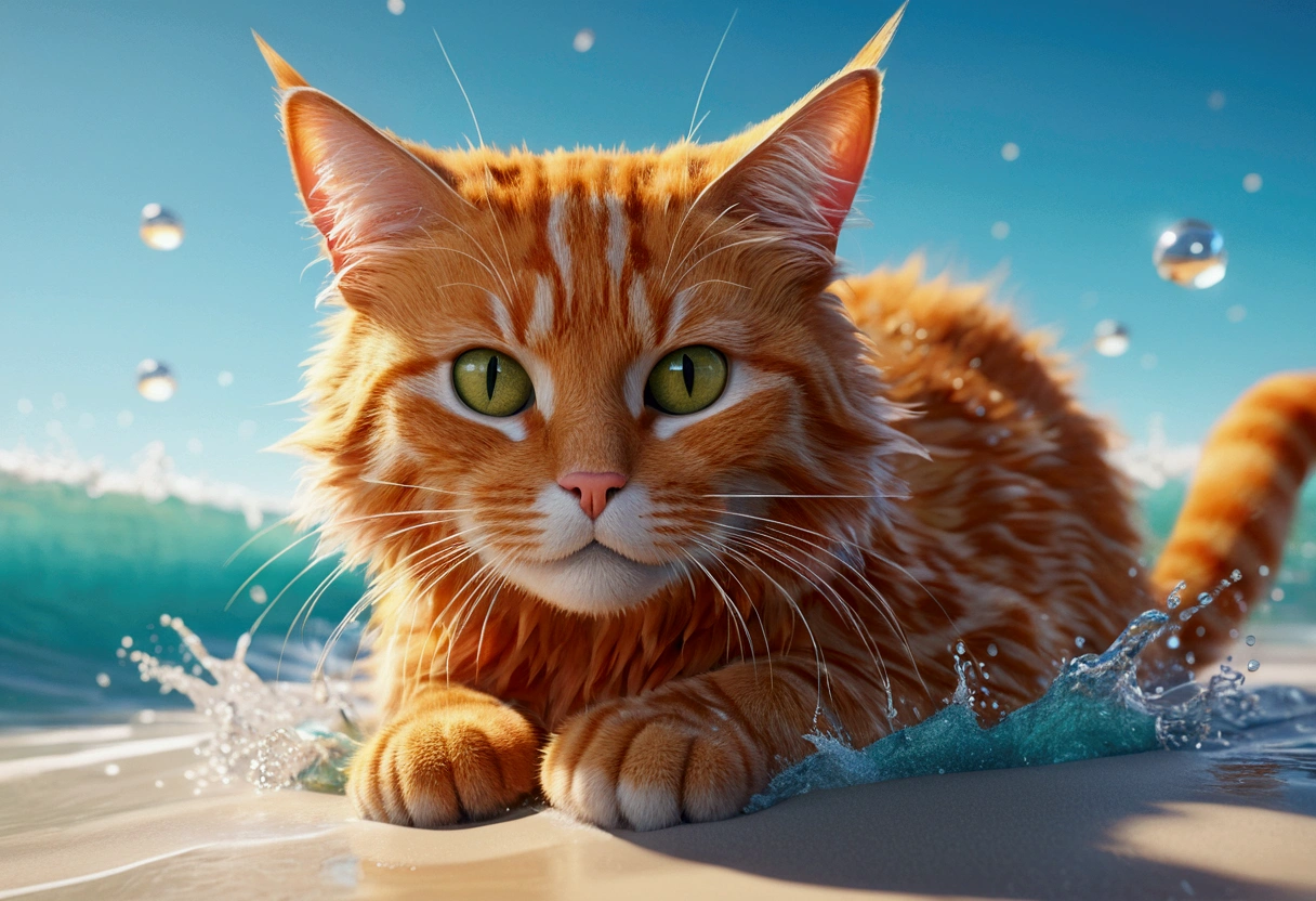 a highly detailed, vibrant 3D render of a charismatic orange cat, its fur realistically textured and glistening with water droplets, swimming energetically on a sunny beach with turquoise waves and powdery white sand, illuminated by a warm ring light that accentuates its playful expression, featuring exaggerated, stylized features reminiscent of Pixar animation, created using advanced rendering engines such as Unreal Engine, Octane Engine, or Vray, with a color palette that pops with saturated hues of orange, yellow, blue, and green, and a dynamic composition that conveys the cat's joyful energy and movement.