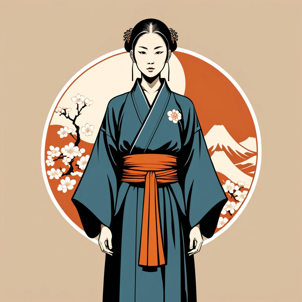 female monk in japanese folk outfit ,vector graphics, strong contours, logo design