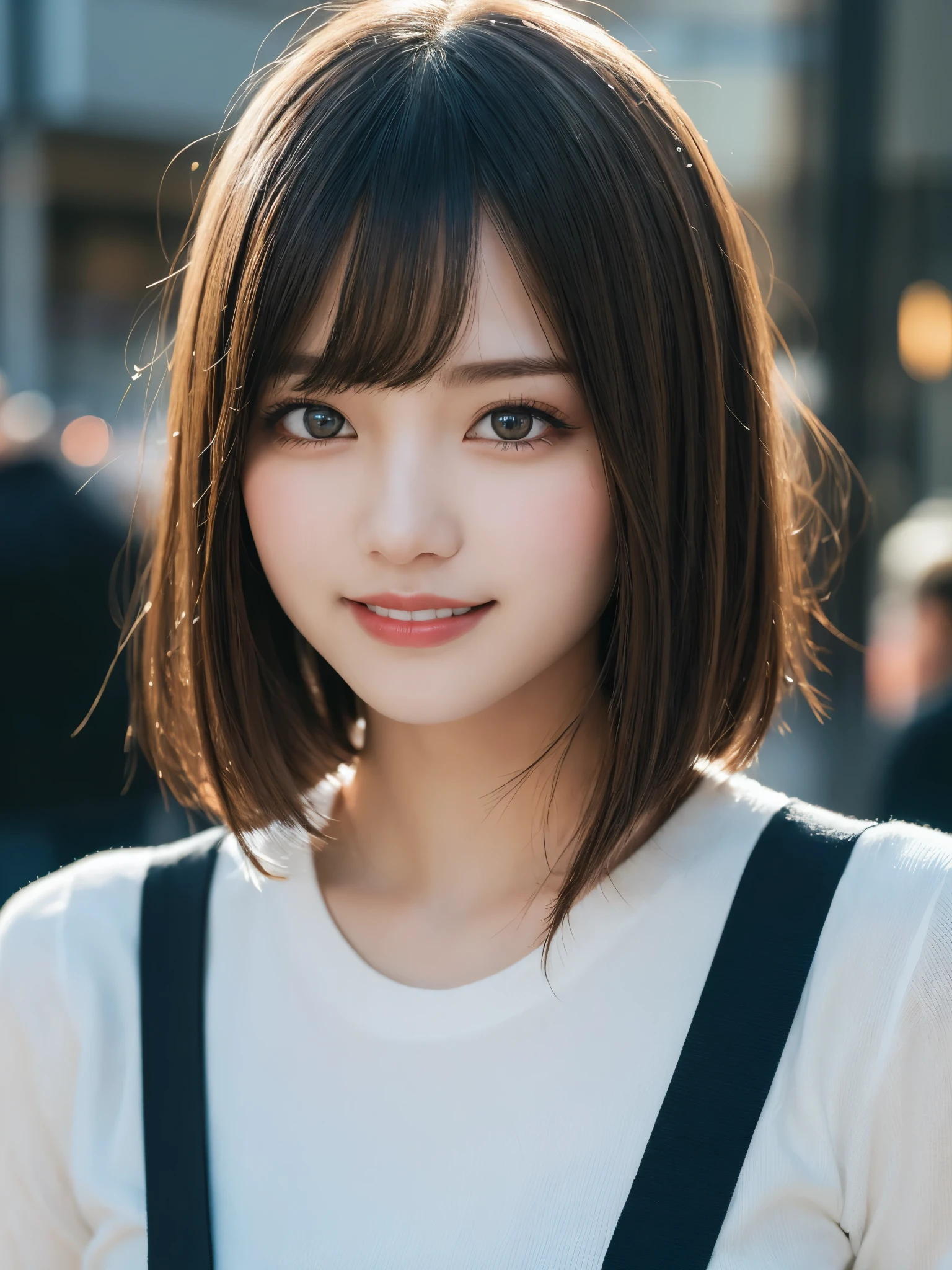 masterpiece, best quality, illustration, ultra-detailed, finely detailed, high resolution, 8K wallpaper, perfect dynamic composition, beautiful detailed eyes, Shibuya, edgy fashion, short hair, fierce expression, cute, smile, looking at camera
