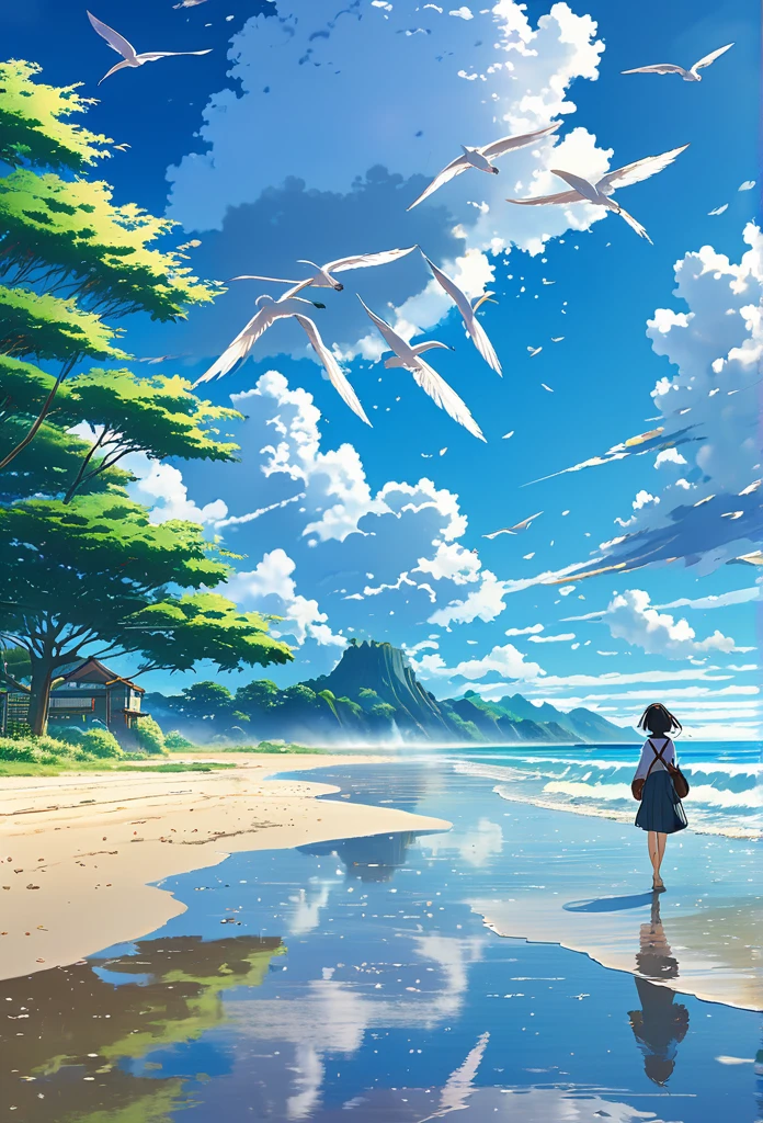 Well detailed anime landscape, The 100 series poster style with people falling from the sky, Os 100, people falling to the sky, beautiful horizon on the beach, floating wing feathers
 falling seen from afar, clouds, small with brush strokes, serene sky anime nature wallpaper, anime beautiful scene, beautiful anime peace scene, Makoto Shinkai Cyril Rolando, beautiful anime scene, amazing wallpaper, wallpaper anime art 8k, anime background, anime art background, anime 4k wallpaper, anime art 4k wallpaper, anime art 4k wallpaper,