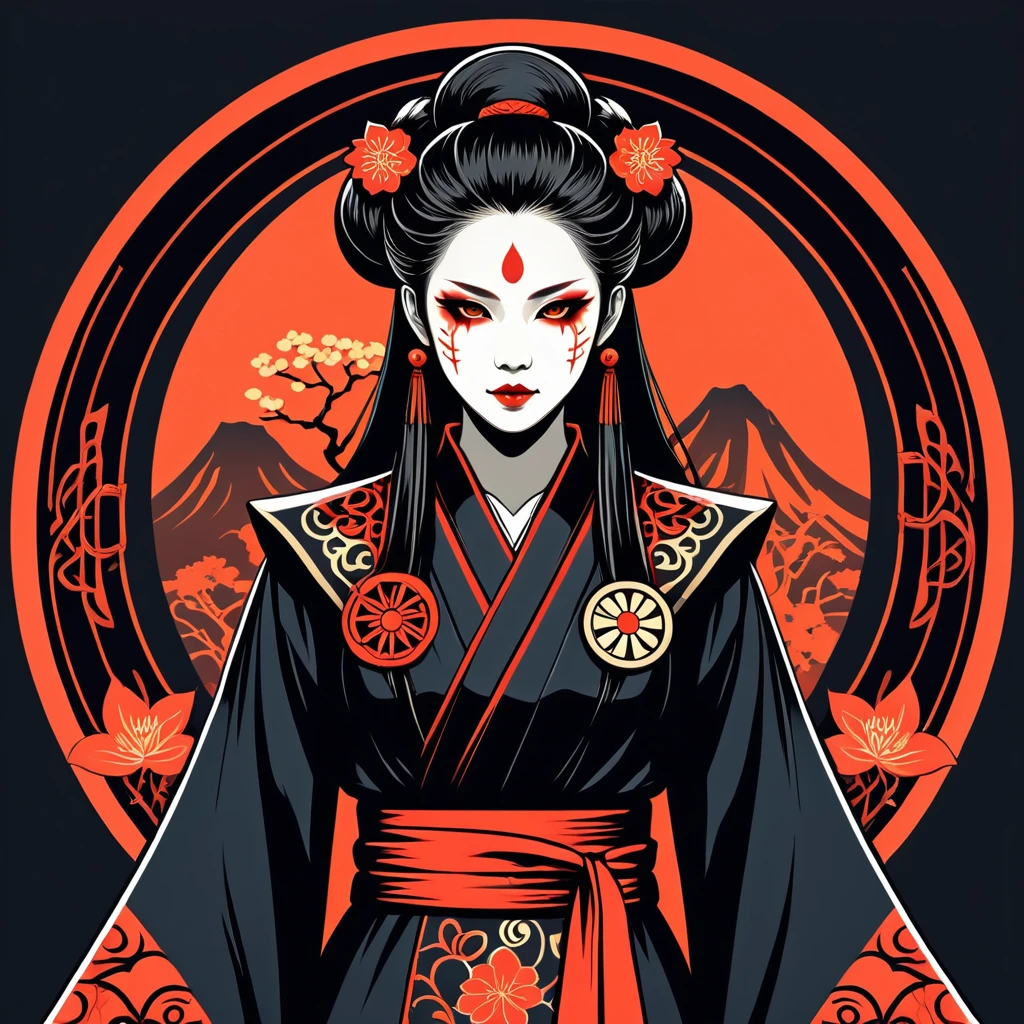 female necromancer in japanese folk outfit ,vector graphics, strong contours, logo design
