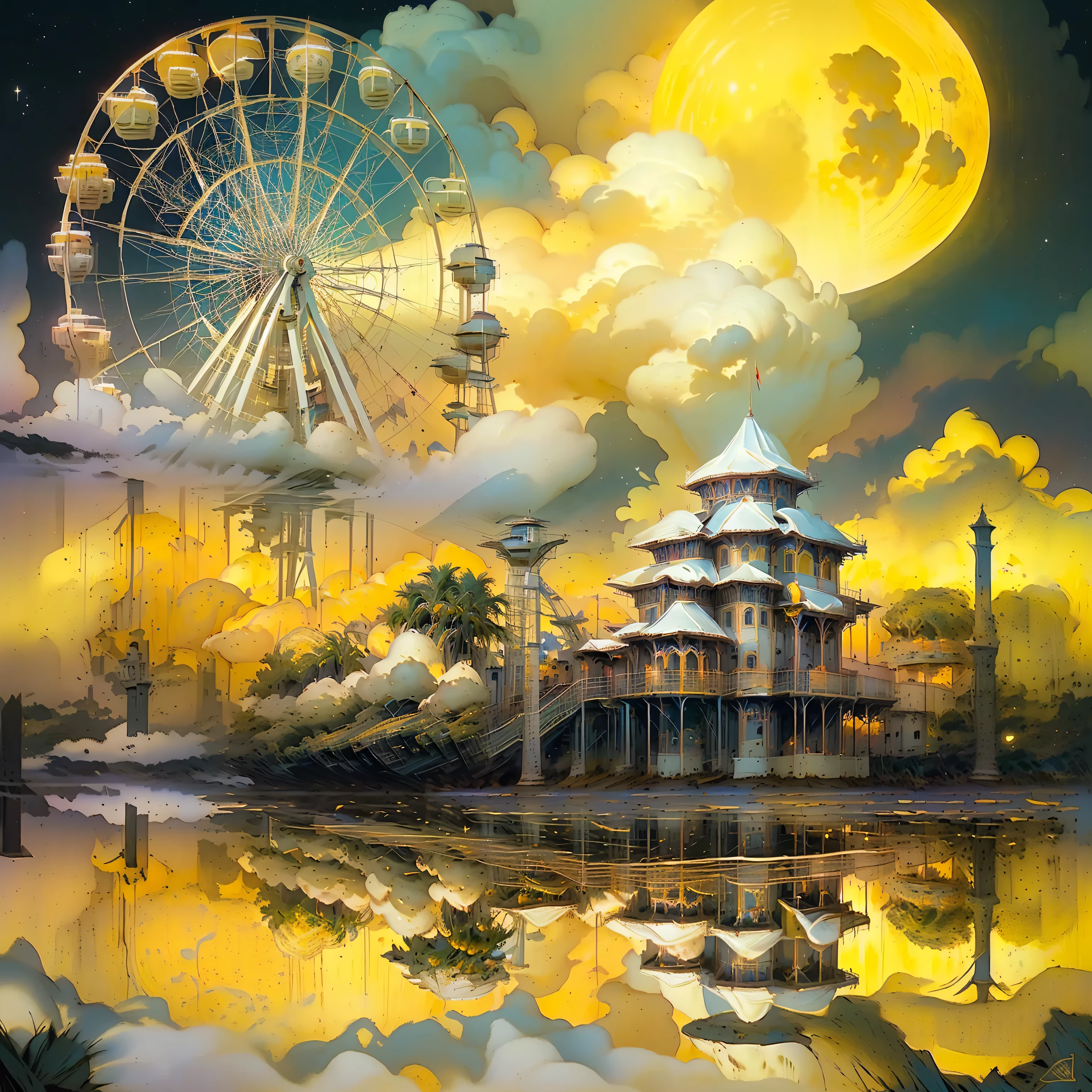 a painting of a ferris wheel and a ferris wheel in the sky, detailed dreamscape, wonderland at night, dream scenery art, surreal dreamscape, surreal black and yellow, artwork, painting of a dreamscape, dreamland, oriental fantasy, scenery artwork, dreamy art, mystical night, dreamy night, dream world, magical realism painting, reflection of the moon