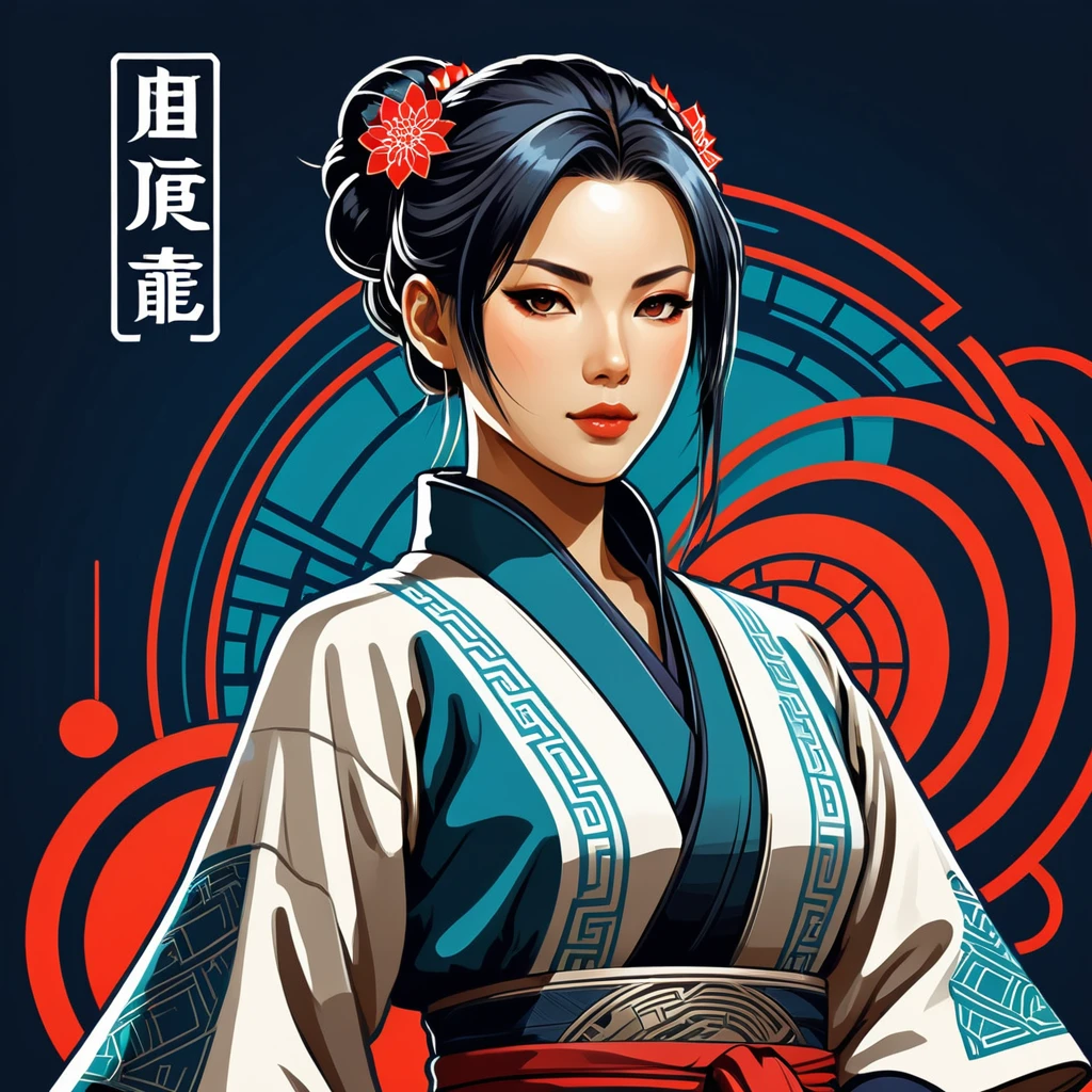 female	netrunner	in japanese folk outfit	,vector graphics, strong contours, logo design																						