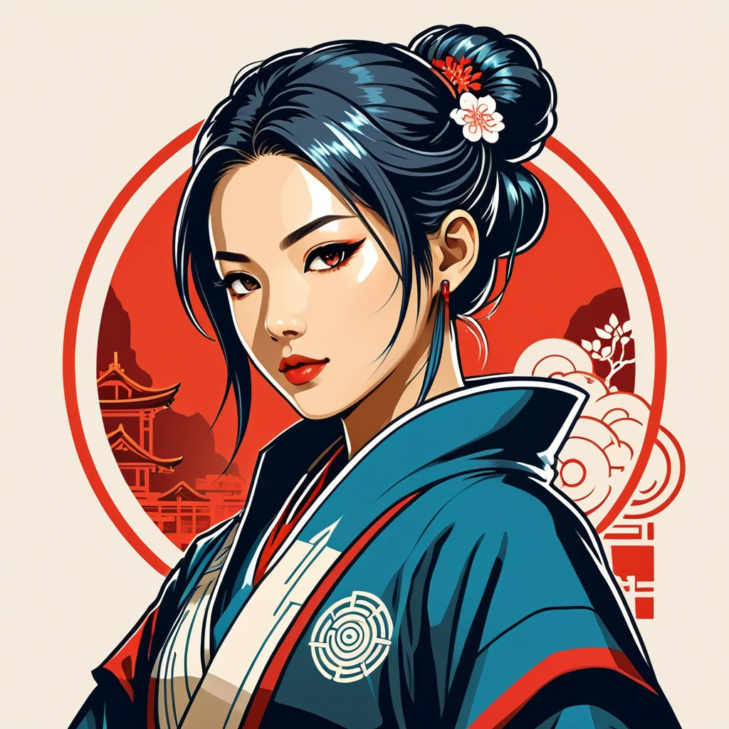 female netrunner in japanese folk outfit ,vector graphics, strong contours, logo design