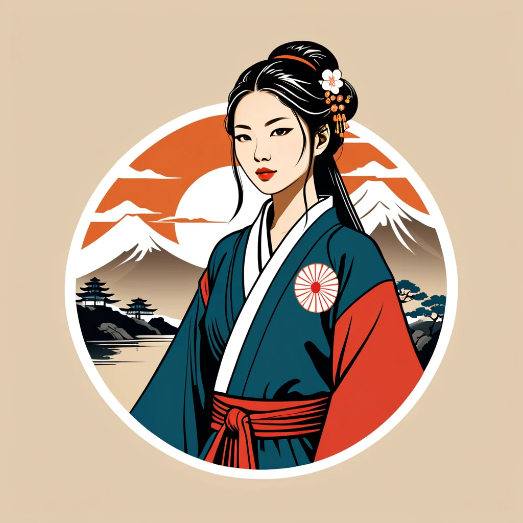 female nomad in japanese folk outfit ,vector graphics, strong contours, logo design