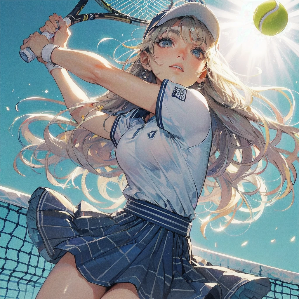 masterpiece, (textured skin), best quality, gorgeous beautiful girl, (a female tennis athlete), detailed clothes,large breasts,narrow waist,, (beautiful face), cinematic lighting, (at tennis venue ),