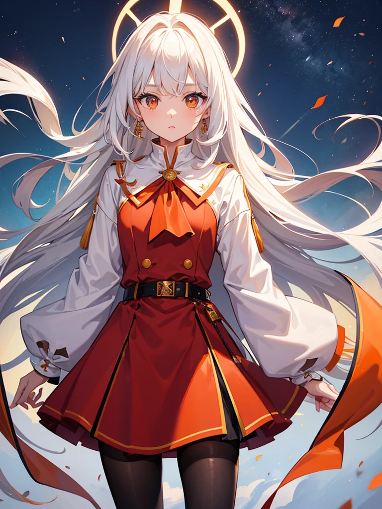 One girl, masterpiece, 最high quality, high quality, Olga_Marie, white_hair, orange_eye, LONG hair, eyeの間の毛, Long sleeve, Jacket, Red Ascot, dress, skirt, pantyhose, 非常に長いhair, Cowboy Shot,