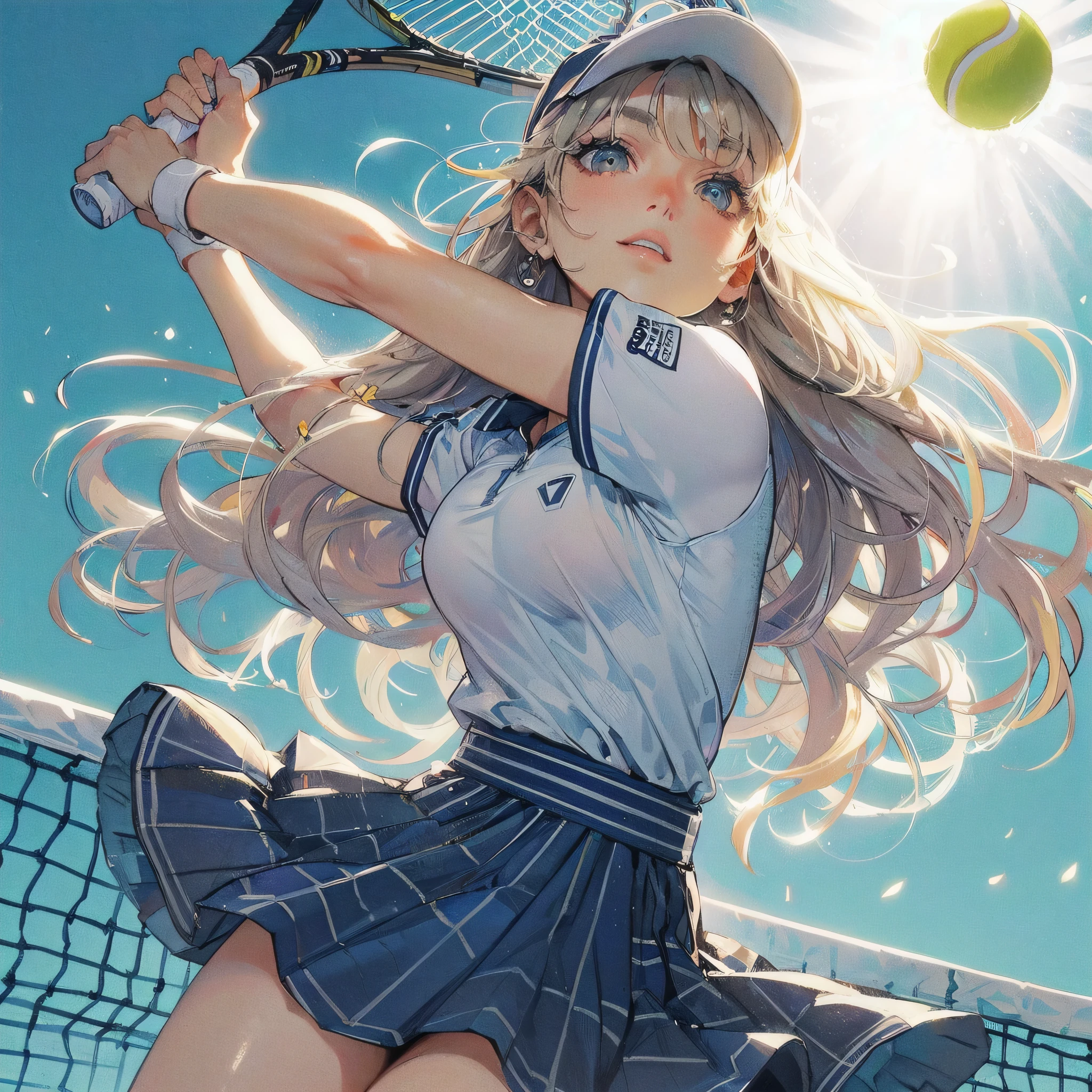 masterpiece, (textured skin), best quality, gorgeous beautiful girl, (a female tennis athlete), detailed clothes,large breasts,narrow waist,, (beautiful face), cinematic lighting, (at tennis venue ),