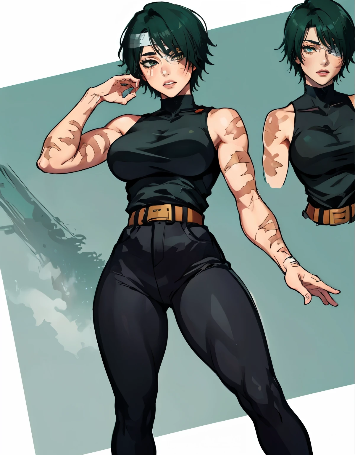 (masterpiece:1.2, best quality:1.2, beautiful, high quality, highres:1.1), 1girl, detailed, short hair, short fluffy hair, short green hair, extremely detailed 4K, perfect eyes, perfect face, black crop top, showing abs, black tucked in pants, outside view, combat style, small belt, white belt, black shoes, only 1 girl, visible bandaid, 1 eye, bandaid covering eye, other eye covered, eye covered with bandaid, full body, curvy body, circle arms, serious gaze, ready for battle, combat face, nice view, sexy, glasses, circle shaped glasses, yellow shiny eyes, yellow colored eyes, Bandaid on face, posing, hands, arms, scars on arms, scars on face, scars on cheek, bangs, really short hair, scars on body, Maki Zenin eyes, perfect eyes, scars on face, dangerous, eye patch, white bandage on eye, yellow colored eyes, exotica, scar on face, scar on cheeks, visible scars on cheeks, bandage on eye, scar on eye, Maki Zenin, scar on body, very short hair, circle glasses, dark scars on face, Maki Zenin LoRA, black shirt, scar on eye, scars, sleeveless, crop top, beautiful face, perfect lighting, (1girl, solo, adult female, mature female), thin, lithe body, Maki Zenin, green hair, glasses, (big breasts), ((sensual seductive))
