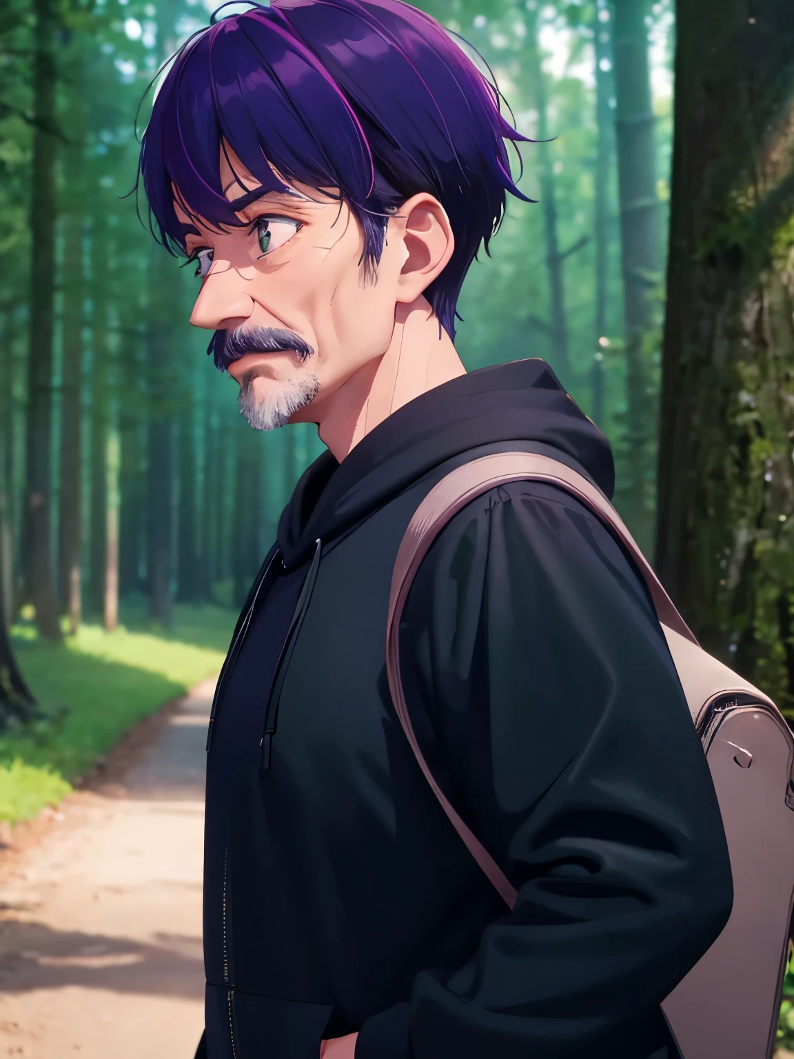 1 old man, 70 years old,Carrying a big bag, looking away,Walk in the forest,purple hair,short hair, green eyes, purple mustache,black hoodie, black trousers,,ultra detail, ultra HD, standing,Thin body,close up photo